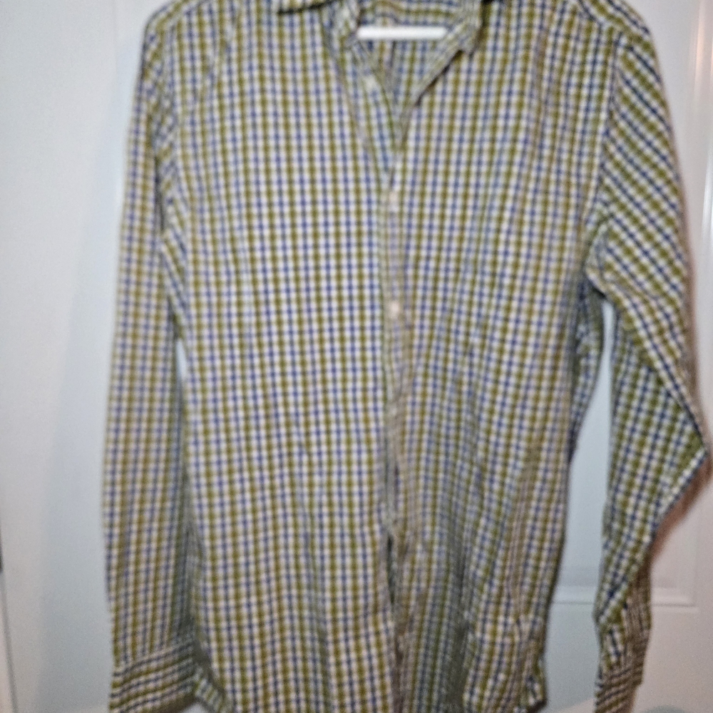 GAP Men's Checkered Shirt - Olive and Blue Size M